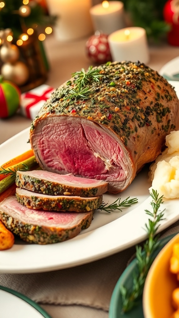 Herb-crusted roast beef on a plate with roasted vegetables and mashed potatoes, decorated for Christmas.